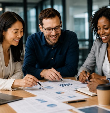 Diverse business team collaborating on data analysis during a strategy meeting in a modern office.