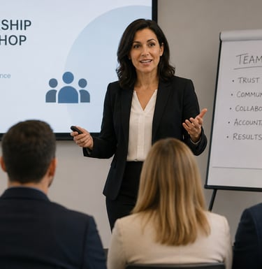 A female professional speaker leads a leadership workshop presentation on teamwork for a corporate audience.
