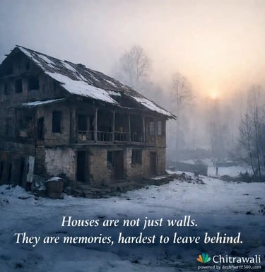 “कश्मीर में बर्फीली सुबह का एक खाली पारंपरिक घर — विस्थापन और स्मृति का प्रतीक”