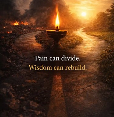 Symbolic crossroads showing pain leading to division or reconciliation, representing political use of memory.