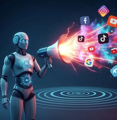 Humanoid robot holding a megaphone with social media icons bursting out, symbolizing AI-powered digital marketing and brand v