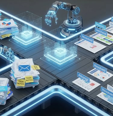 Futuristic conveyor belt processing messy tasks into neat results with robotic arms and holographic automation, representing