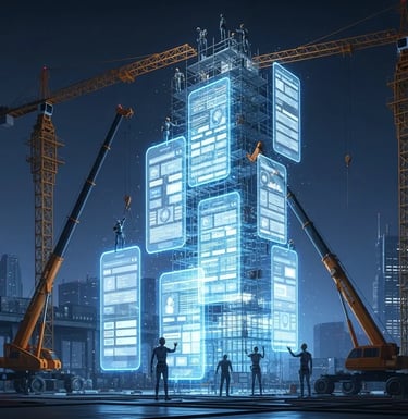 Futuristic digital construction site with cranes assembling holographic app and website panels, representing web and app deve