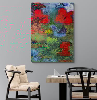 Large red flower painting on wall in dining room
