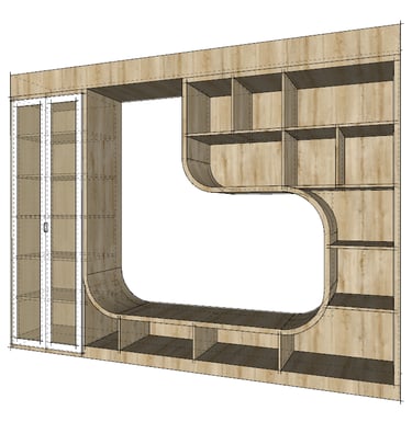 Visuel d'un meuble bibliothèque sur mesure confectionné en bois avec des étagères et une banquette