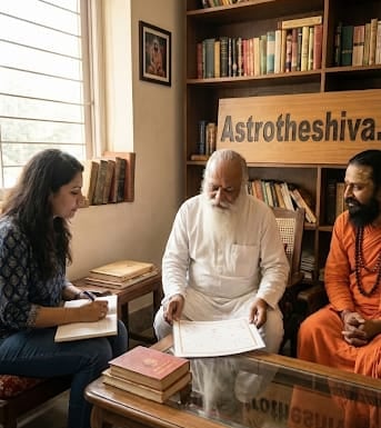 Astrologer performing future telling consultation with kundli chart