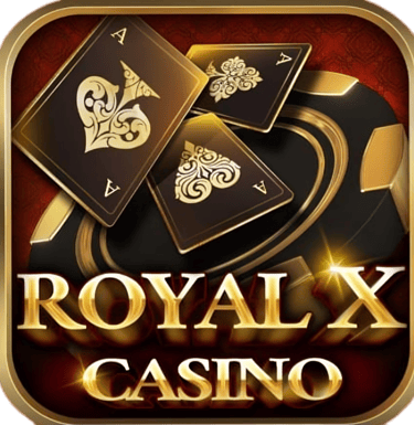 Royal X Casino logo featuring golden ace playing cards and gambling chips on a red background.
