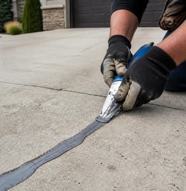 Contractor applying crack sealant to a driveway during concrete repair in South Jordan.