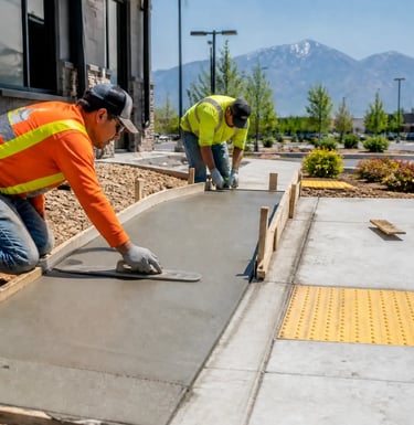 Contractors installing an ADA-compliant ramp along a sidewalk in South Jordan, Utah.