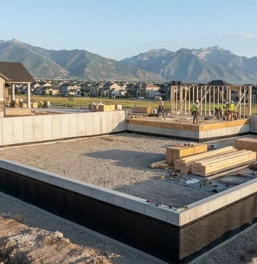 Newly poured stem wall foundation with waterproofing for a home addition in South Jordan.