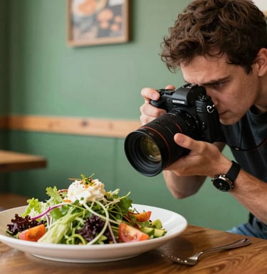 A professional food photographer in a bright North American / US bistro, focusing their camera on a beautifully plated seasonal salad. The background shows matte forest green walls and warm wooden accents. The lighting is crisp and natural, highlighting the agency's creative process in action.