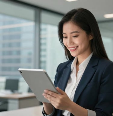 A professional Southeast Asian woman in a modern office environment, looking at a digital tablet with a smile of satisfaction. The background is a clean, glass-walled corporate space in a Vietnamese city, suggesting efficiency and success.
