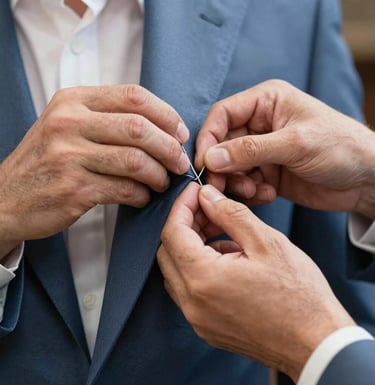 A detailed close-up of a master tailor's hands using a silver needle to hand-stitch the lapel of a slate blue suit jacket. International / Western.
