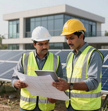 An action shot of two professional solar engineers in South Asian / Pakistani attire reviewing blueprints near a solar installation. They are wearing safety gear and looking at a tablet, conveying a sense of expertise and reliability. Modern architecture in the background.