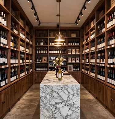 Interior shot of a beautiful North American boutique wine shop. Features bespoke dark wood shelving units reaching the ceiling, a central marble tasting island, and warm, sophisticated pendant lighting.