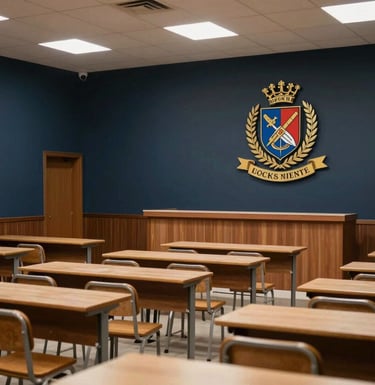 An interior shot of a South Asian college entrance hall, featuring professional lighting, dark navy walls, and a large crest on the wall, clean and sophisticated.