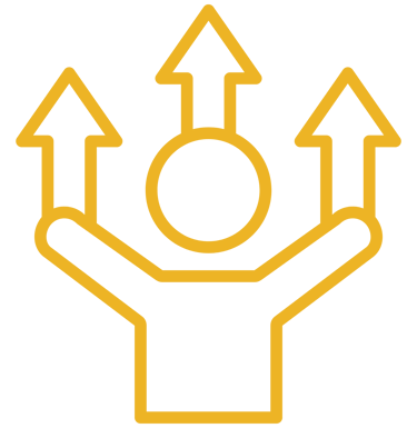 Yellow line icon of a person with three arrows pointing up representing business growth and success.