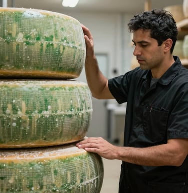 A professional dairy technician in modern attire inspecting a large wheel of cheese in a clean, state-of-the-art Latin American / Spanish dairy facility. Palette: Forest Green and Black.
