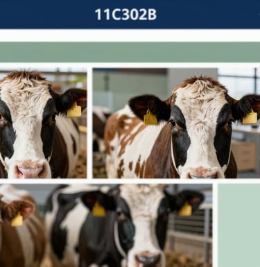 A collage showing a close-up of healthy farm animals and a modern office space, conveying expertise and trust, utilizing #1C302B and #B4C6AD tones.