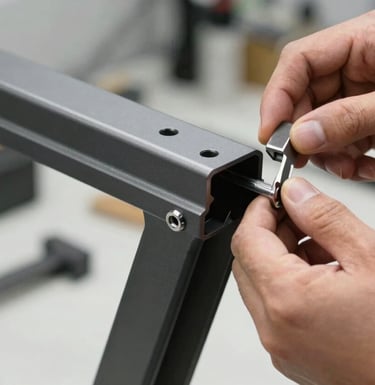 A technician's hands installing a high-quality aluminum frame. Macro shot showing the clean edges of the charcoal black profile and the precision of the fit. Bright, professional workshop environment.