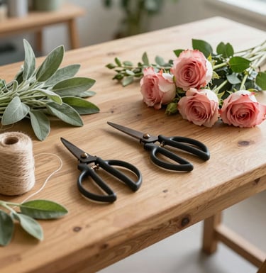 A florist's wooden workbench in a bright studio. Tools like shears and twine lie next to fresh sage and rose-colored flowers. High-end, natural aesthetic, Central European / German style.