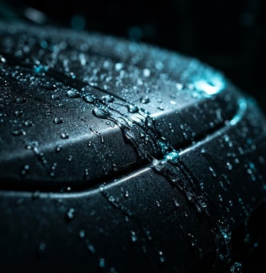 Macro close-up of water beads rolling off a deep charcoal metallic car hood, dramatic rim lighting, sharp cyan reflections, 35mm lens.