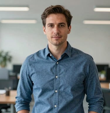 A waist-up portrait of a professional man in a slate blue button-down shirt, standing in a bright, modern corporate office environment. He looks trustworthy and authoritative.