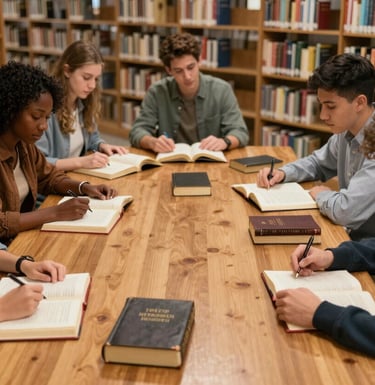 A diverse group of college students in a North American setting sitting around a large oak table in a library, studying bibles and theological texts together. The atmosphere is warm and studious.