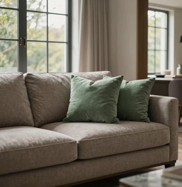 Professional photograph of an elegant North American living room, featuring a taupe sofa, sage green throw pillows, and large windows with natural light, modern architectural details.