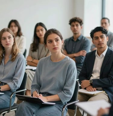 A photography-style image of a diverse group of focused individuals in a modern seminar setting, listening to a speaker. The atmosphere is empowering, with natural lighting and a palette featuring soft blue-grey and dark slate clothing colors.