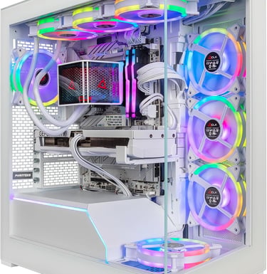 Custom white gaming PC build featuring RGB fans and tempered glass case for high performance.