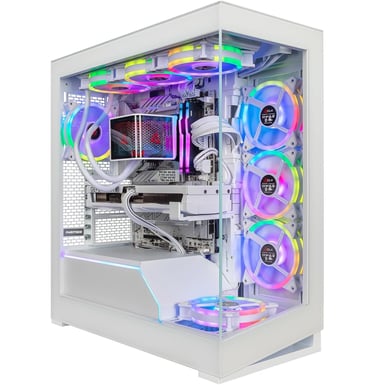Custom white gaming PC build featuring RGB fans, liquid cooling, and a glass tempered case.