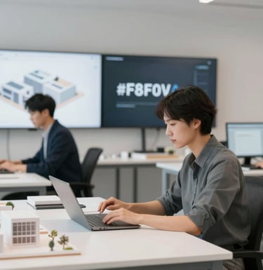 Interior of a premium design studio where professionals are working on architectural models and digital screens. The environment is clean and professional with a color palette of #F8F9FA and #1A202C.