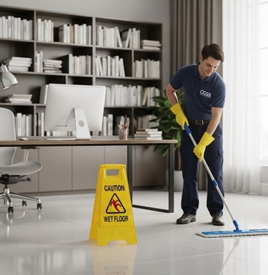 a man cleaning a floor with a wet floor