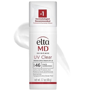 Bottle of EltaMD UV Clear SPF 46 with niacinamide, designed for sensitive and acne-prone skin.