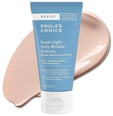 Paula’s Choice Super-Light Daily Wrinkle Defense SPF 30 in a matte gray tube — a lightweight mineral