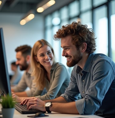 a man and woman sitting at a computer desk
