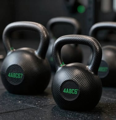 A minimalist, close-up shot of high-end carbon steel kettlebells and professional training equipment in a luxury gym setting. The lighting is sophisticated and moody, with the brand's green #4A8C67 reflected in the metallic surfaces. Deep blacks #0A0A0A and dark grays #222222 dominate the frame.
