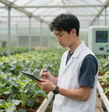 A professional agricultural specialist in a clean vest using a tablet to monitor soil data in a modern greenhouse in the US. The background is a mix of lush greens and sage-colored tech equipment.