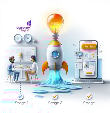 Ilustración en tres etapas del embudo de ventas de Egremy Digital: reunión de planificación de producto, cohete-bombilla desp