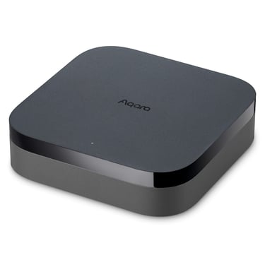 Aqara Hub M2 smart home bridge with Zigbee 3.0 and infrared control in a sleek black finish.