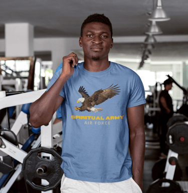 Man in gym wearing blue t-shirt with eagle and "Spiritual Army Air Force" design.