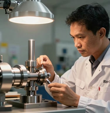 A professional Southeast Asian Indonesian technician in a clean industrial uniform inspecting a precision-made metal part under focused, warm workshop lighting. The composition is clean and authoritative.