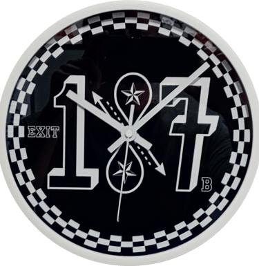Custom wall clock with checkered border, white number 187, stars, and exit sign graphics.