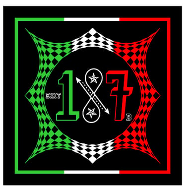 Graphic logo featuring Exit 187 B with traditional flag colors and geometric border.
