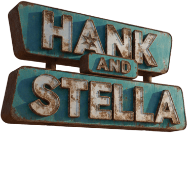 Vintage rusty teal marquee sign displaying the words Hank and Stella in distressed white lettering.
