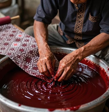 Professional photography of a skilled artisan in Sragen carefully dyeing batik cloth in a deep crimson vat, traditional Indonesian workshop setting.