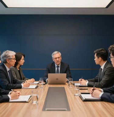 A team of focused professionals collaborating in a high-end International / Global boardroom. The lighting is crisp and the decor features sophisticated deep navy blue accents.