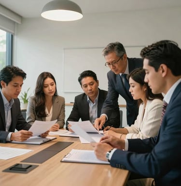 A group of Colombian professionals collaborating in a clean, modern meeting room, reviewing study materials together with a sense of focus and mutual support. Warm, encouraging lighting.