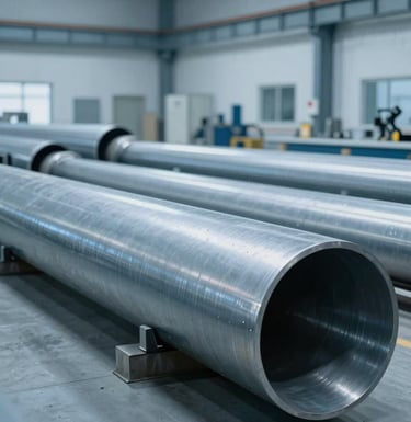 A wide-angle photograph of a clean, modern industrial fabrication shop where large steel pipes are being processed, lit with soft slate blue and pale mist blue ambient light to emphasize a professional workspace.
